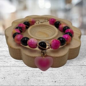 Handmade wirewrapped Pink and Black Heart Charm Bracelet